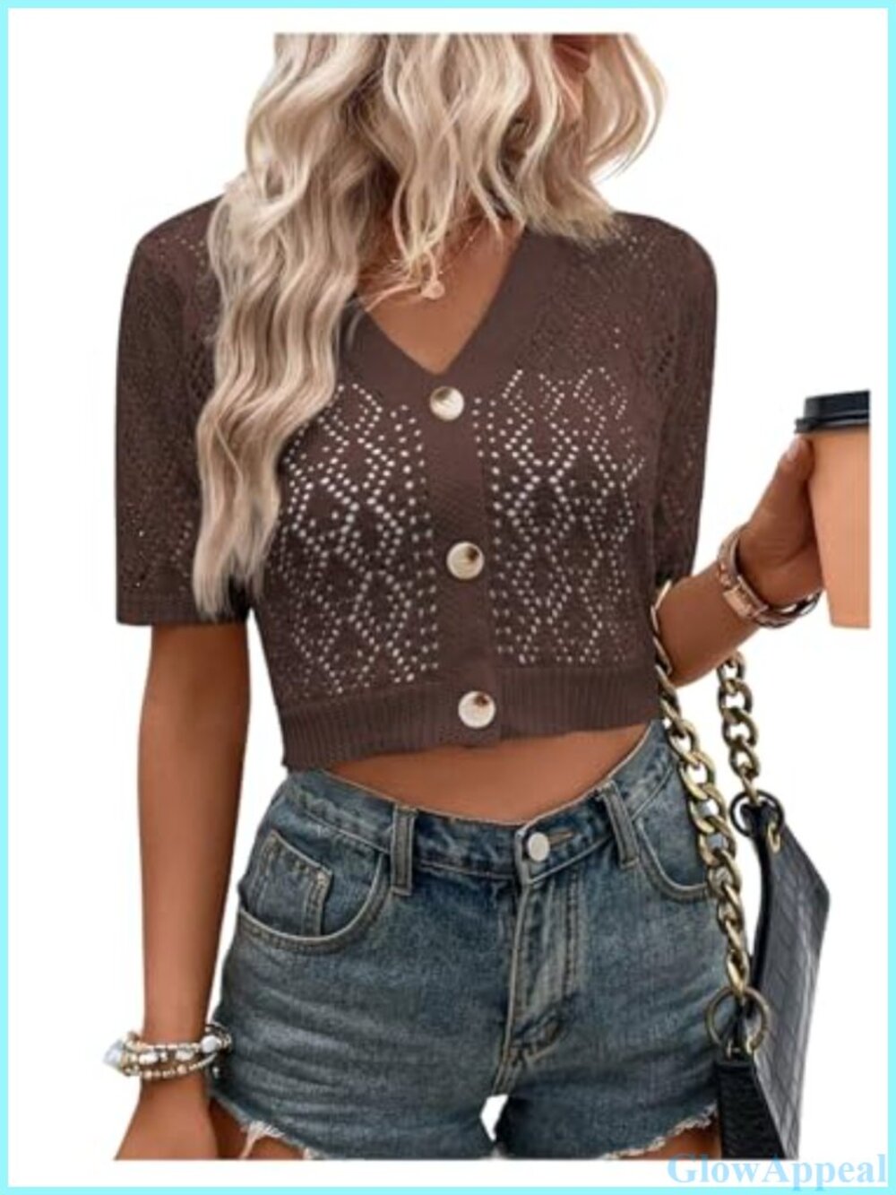 Crochet Button Up Short Sleeve Cardigan Cropped Sweater